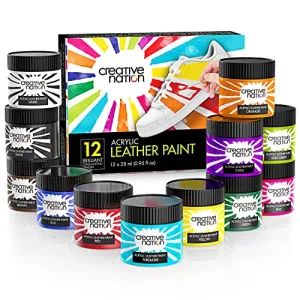 12-Pack Leather Paint for Sneakers & Leather Accessories - Premium Acrylic Shoe Paint Kit for Bags, Purses & More - Waterproof, Flexible, Long-Lasting Paints by Creative Nation, 0.95 Oz.