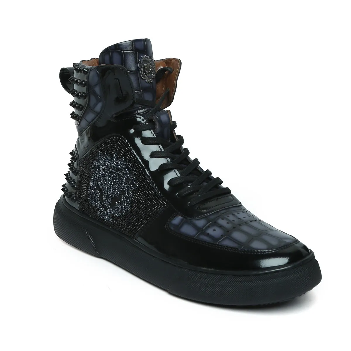 Beads Lion Zardosi Smokey Grey Studded Leather Sneakers with Patent Detailing by Brune & Bareskin