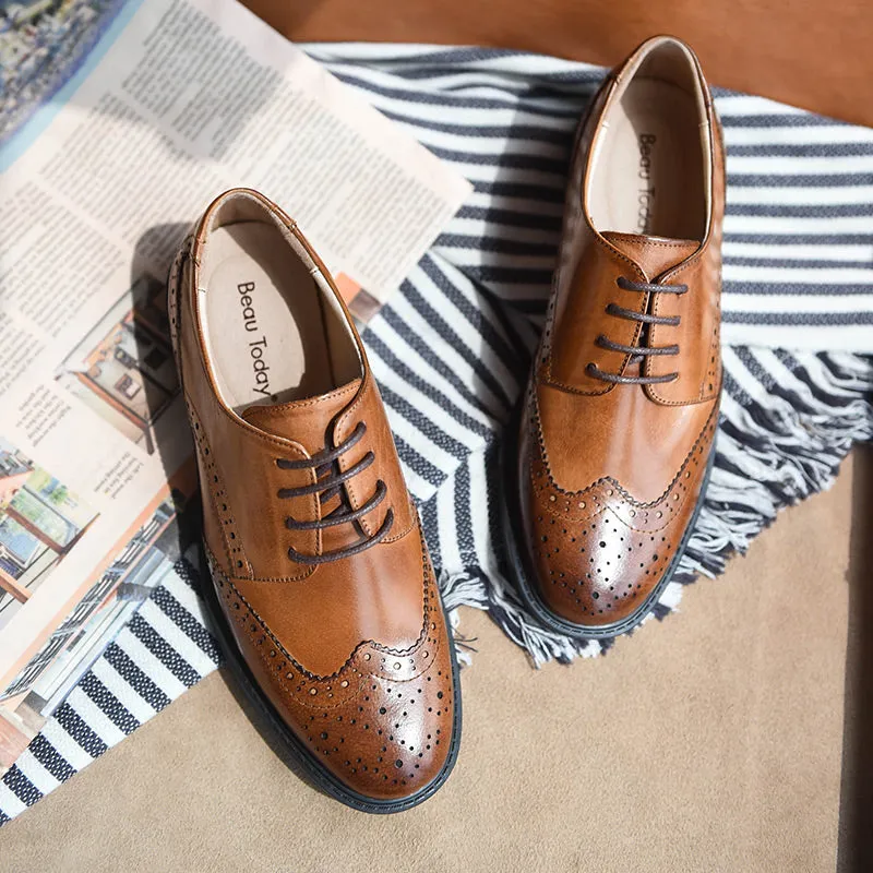 BeauToday Genuine Leather Lace Up Brogue Shoes for Women