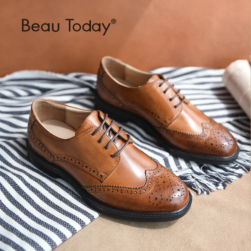 BeauToday Genuine Leather Lace Up Brogue Shoes for Women