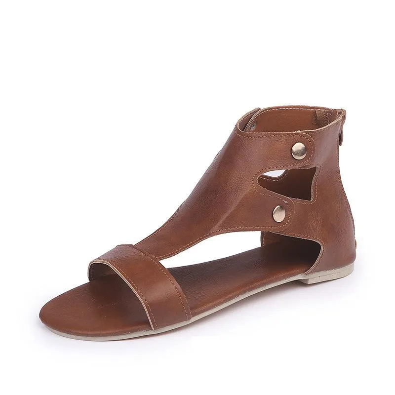 Chicvane Hollow Out Studded Zipper Closure Flat Sandals