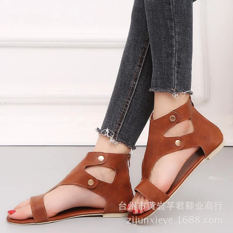 Chicvane Hollow Out Studded Zipper Closure Flat Sandals