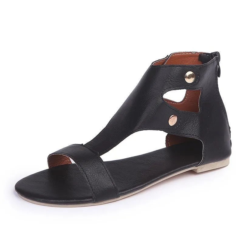 Chicvane Hollow Out Studded Zipper Closure Flat Sandals