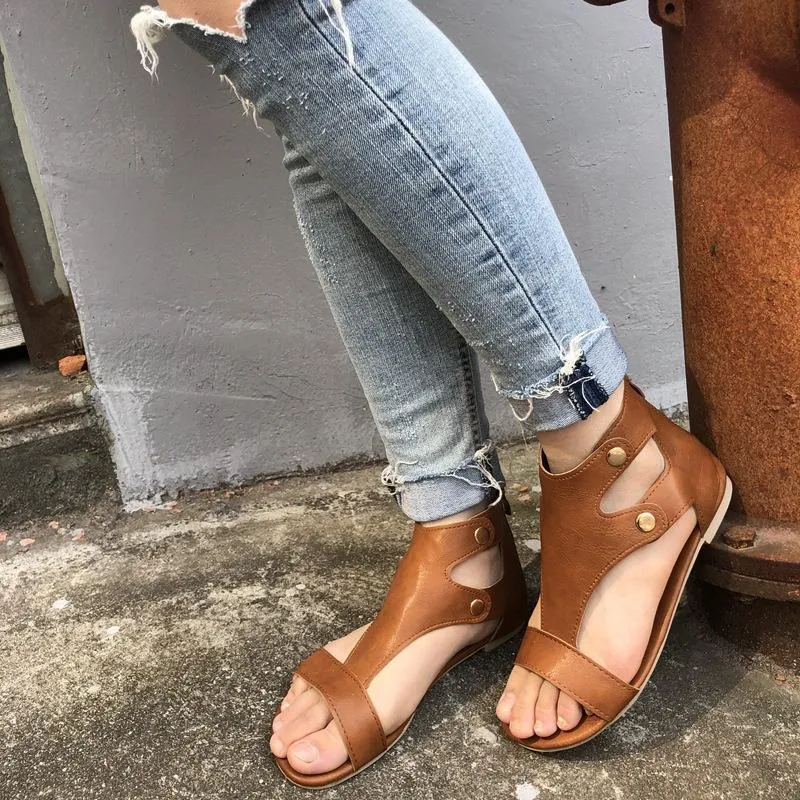 Chicvane Hollow Out Studded Zipper Closure Flat Sandals