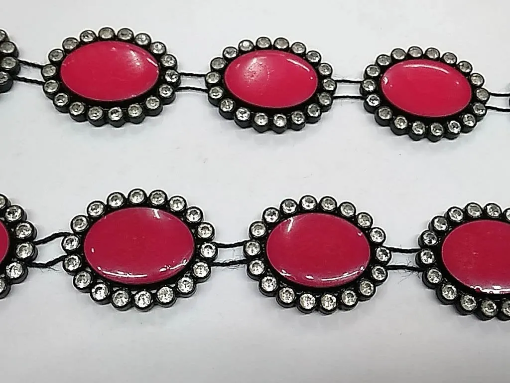 Fuchsia Pink Oval Stone Studded Plastic Lace with Enamel Fill- 18x13 mm