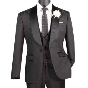 Men’s Black Paisley Jacquard Tuxedo – Slim Fit 3-Piece Set with Satin Lapels