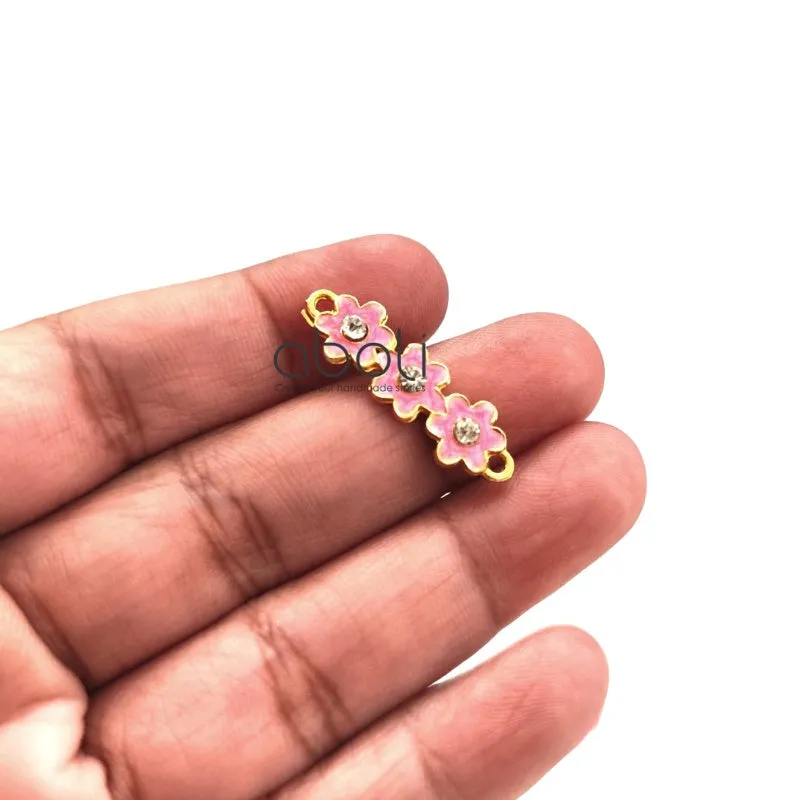 Pink Flower connectors for rakhi, bracelet, earrings Stone studded charms golden base ECGFC05