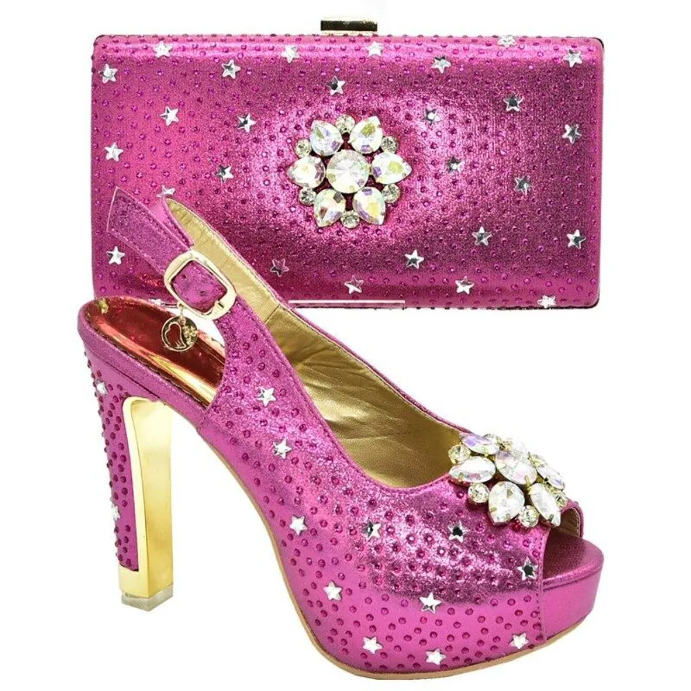 Rhinestone Flower Decorated Shoes And Matching Clutch Set For Women