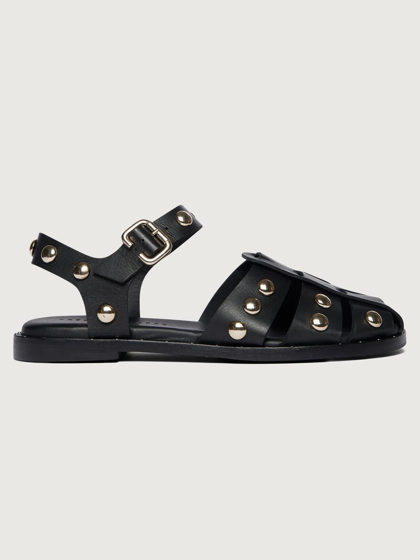 Sera Fisherman Sandal - Black Calf with Gold Studs