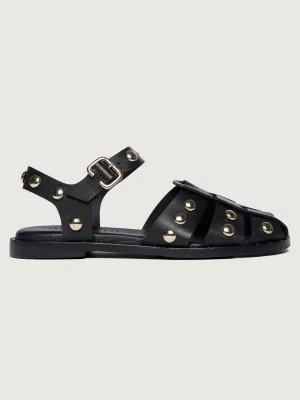 Sera Fisherman Sandal - Black Calf with Gold Studs