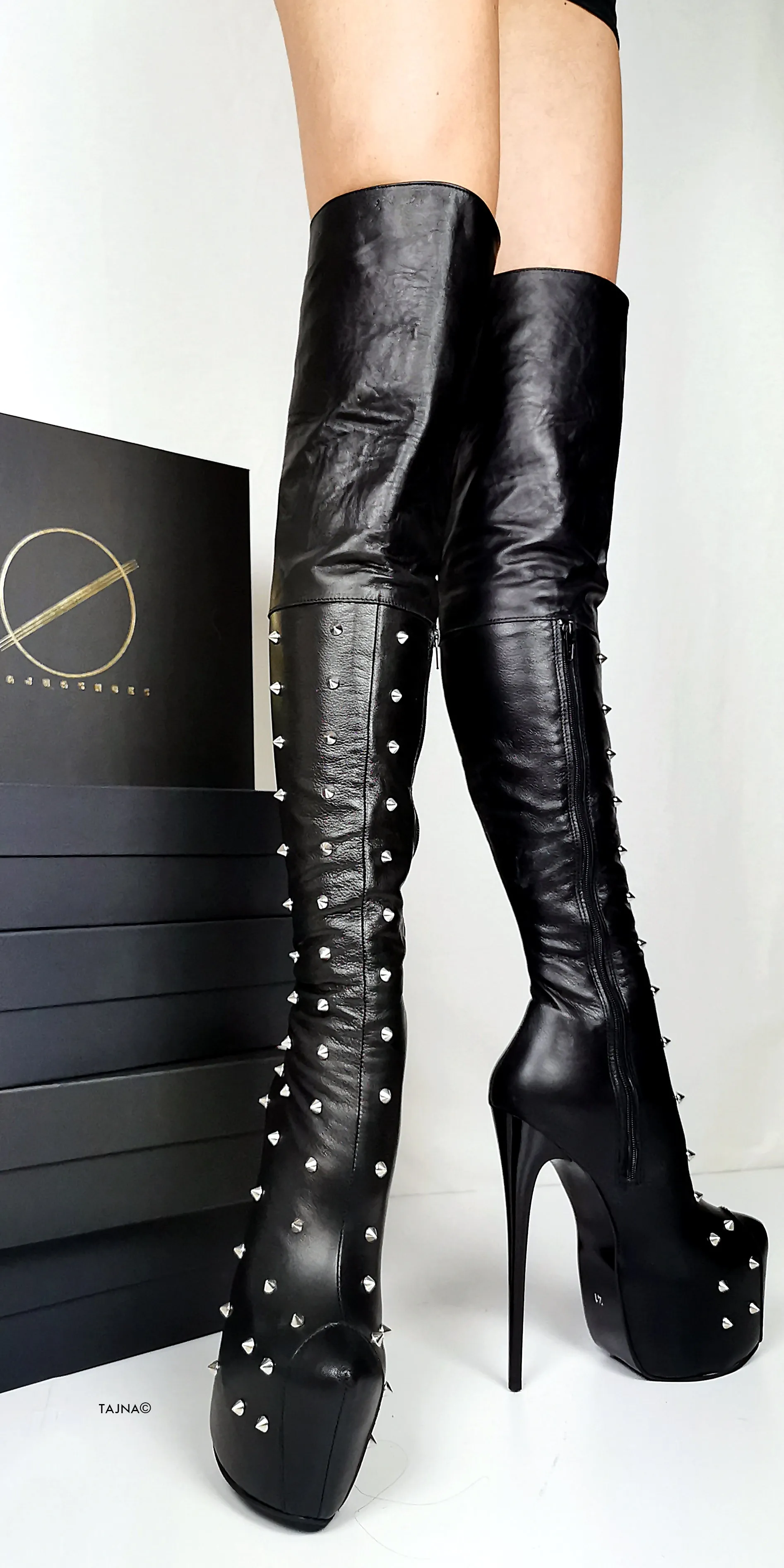 Spike Stud Black Genuine Leather Thigh Boots