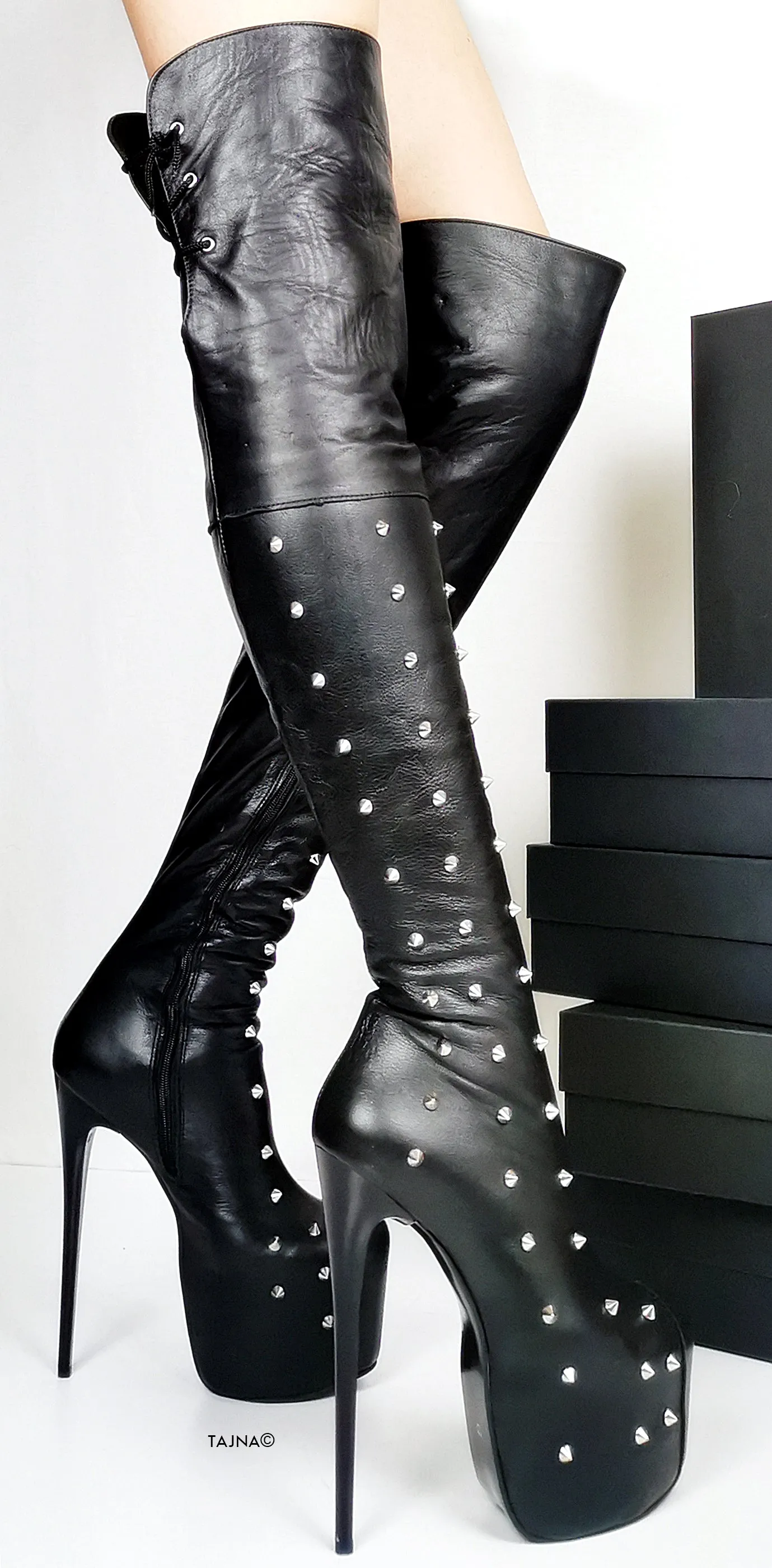 Spike Stud Black Genuine Leather Thigh Boots