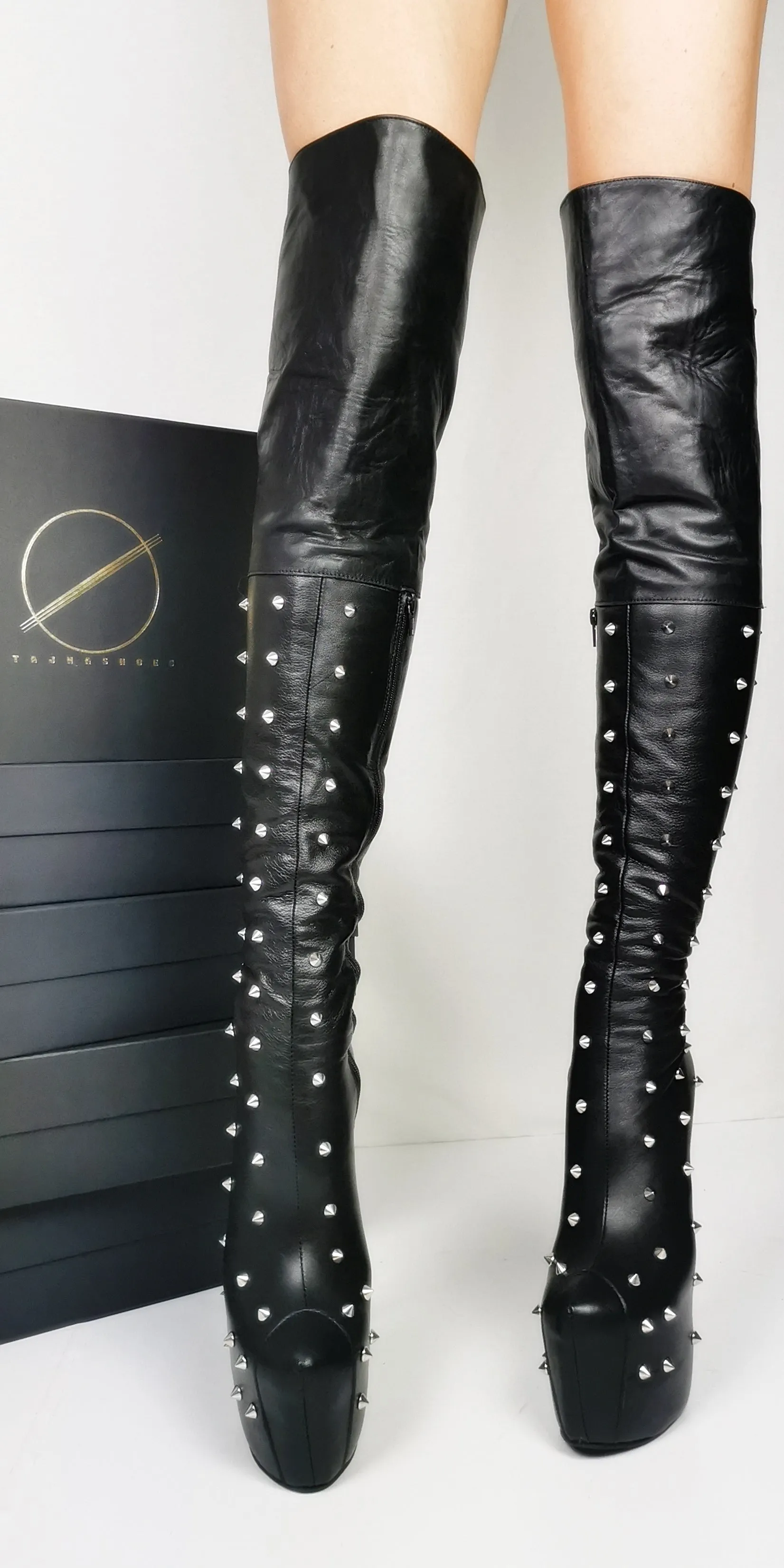 Spike Stud Black Genuine Leather Thigh Boots