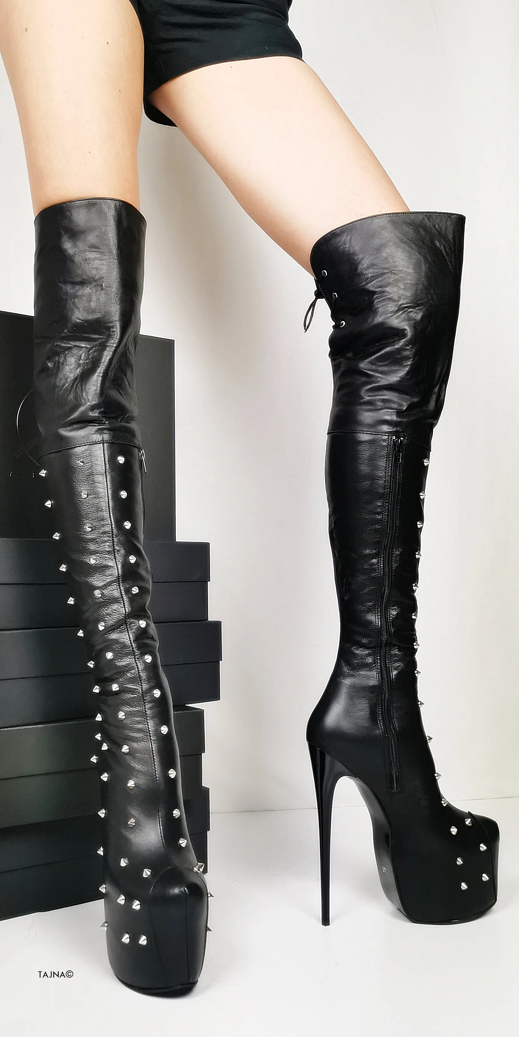 Spike Stud Black Genuine Leather Thigh Boots