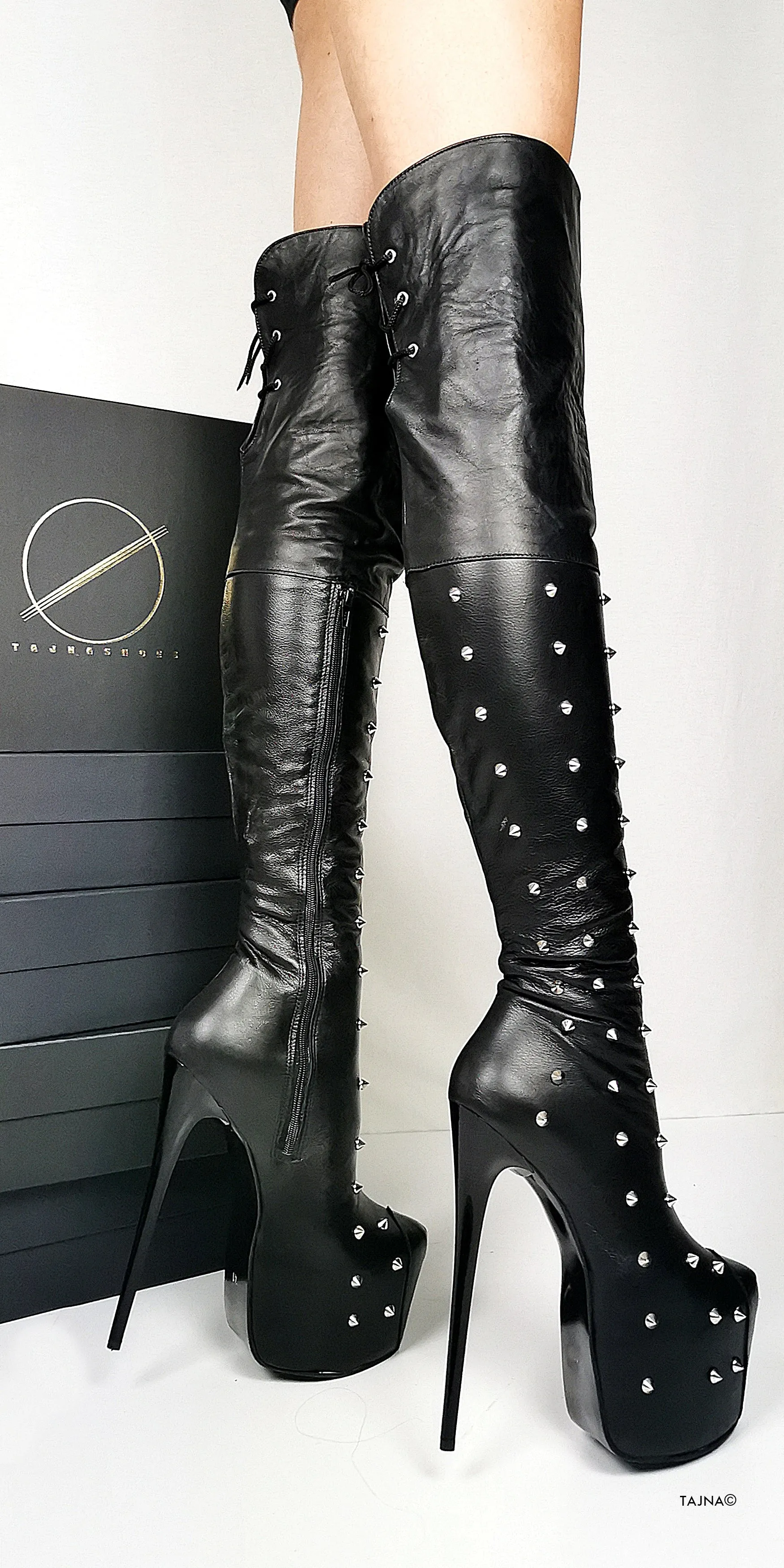 Spike Stud Black Genuine Leather Thigh Boots