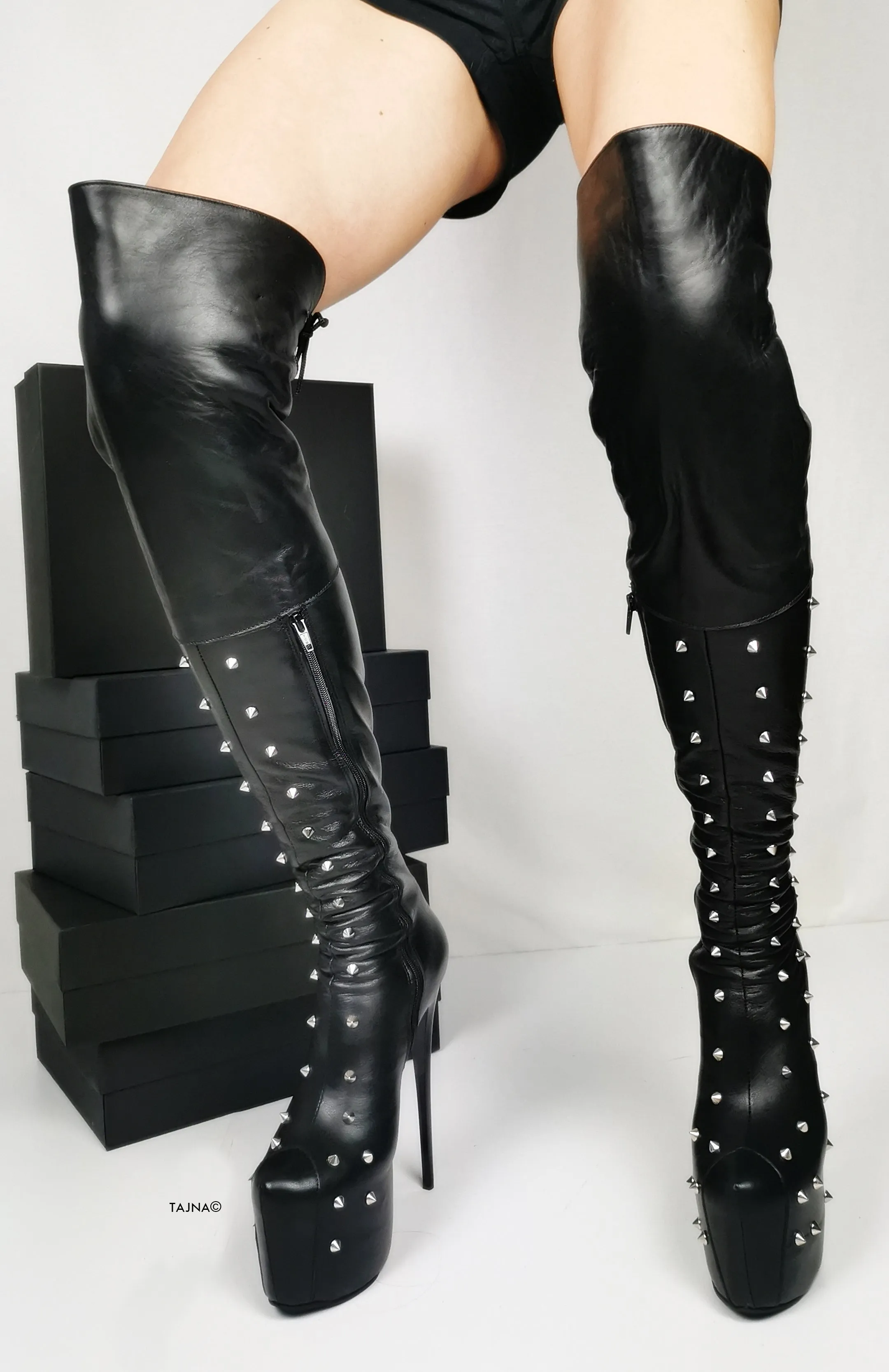 Spike Stud Black Genuine Leather Thigh Boots