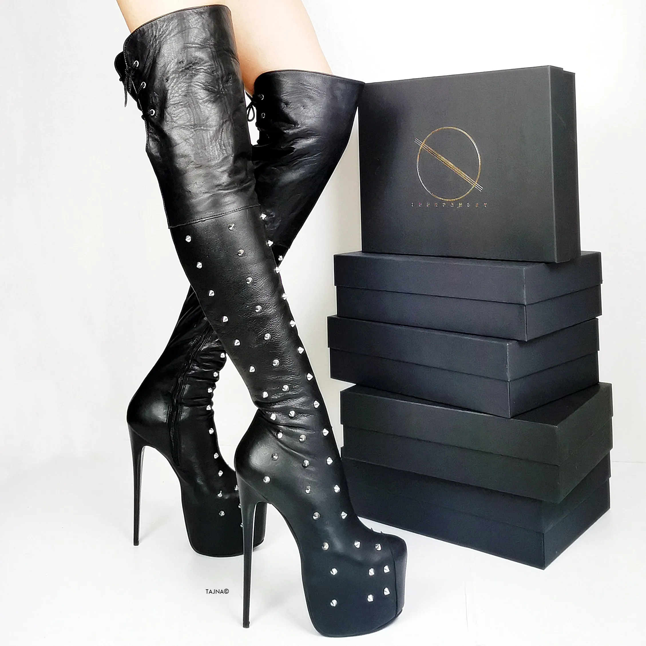 Spike Stud Black Genuine Leather Thigh Boots