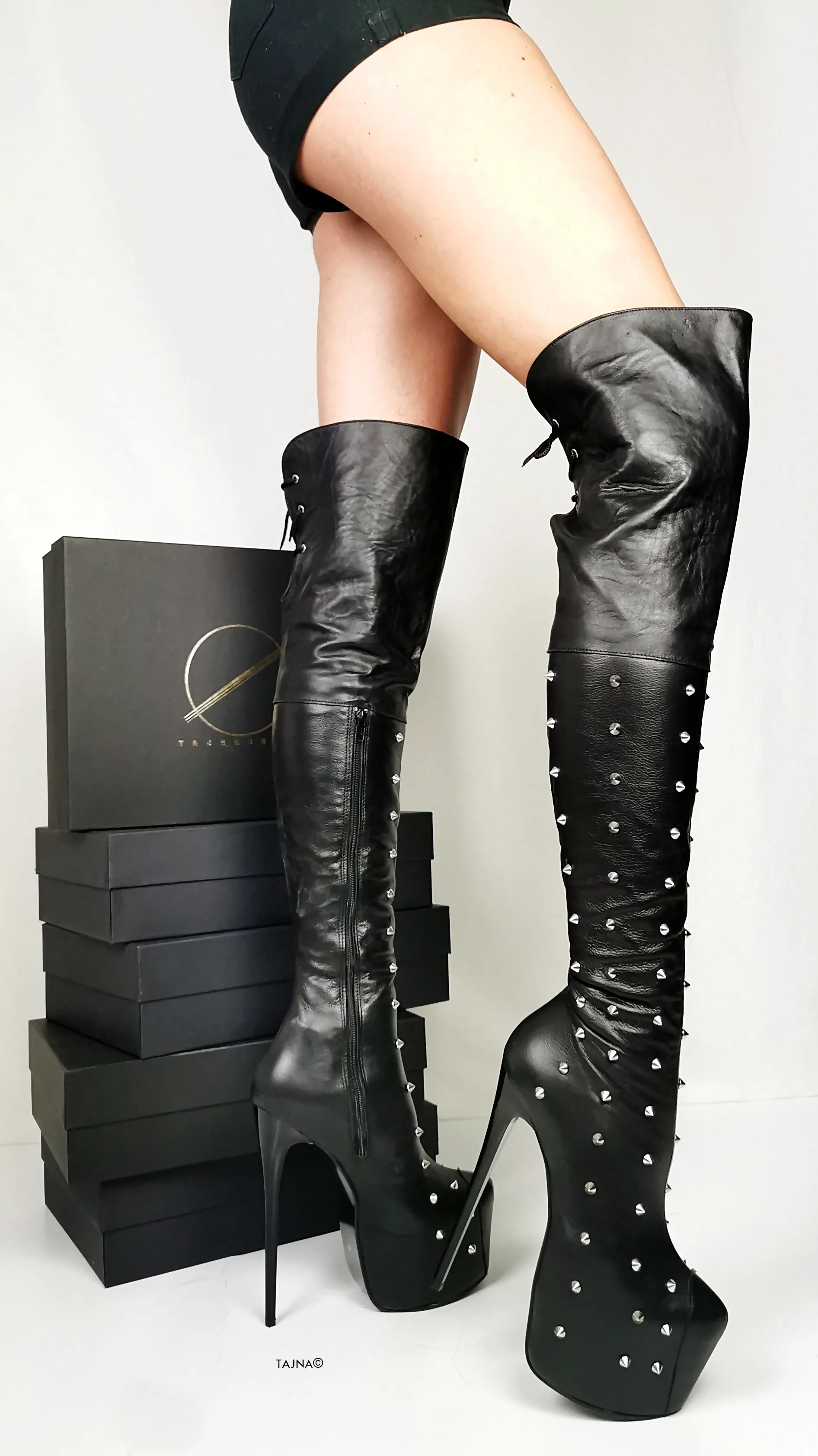 Spike Stud Black Genuine Leather Thigh Boots