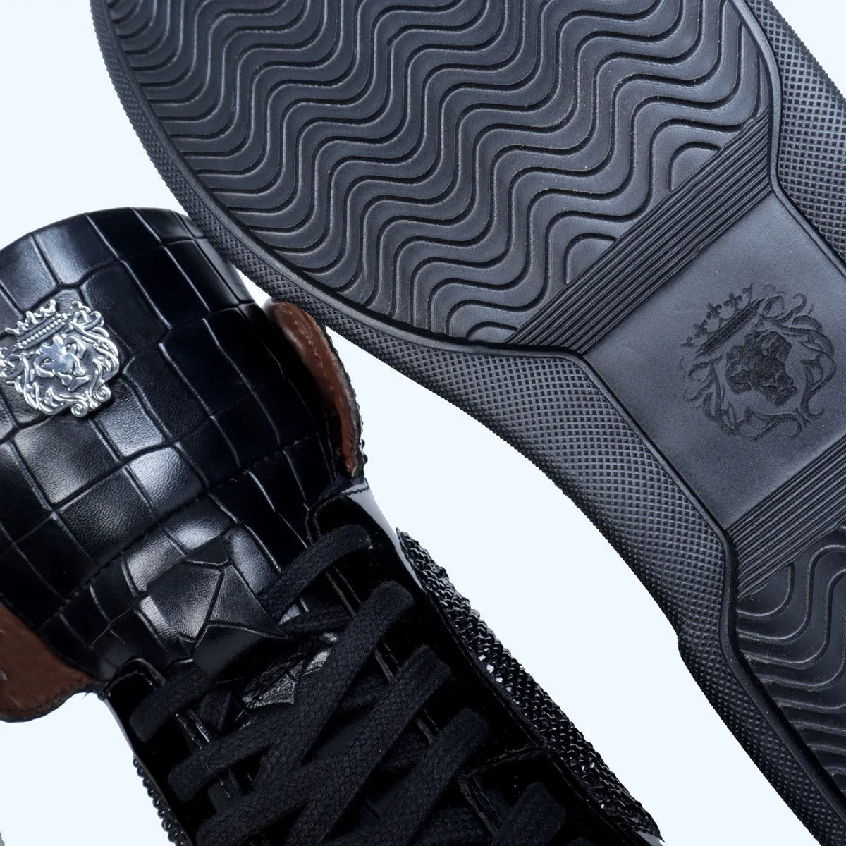 Studded Patent Leather Sneakers Black and Silver 'BARESKIN' Lion Face Swarovski Crystal Zardosi
