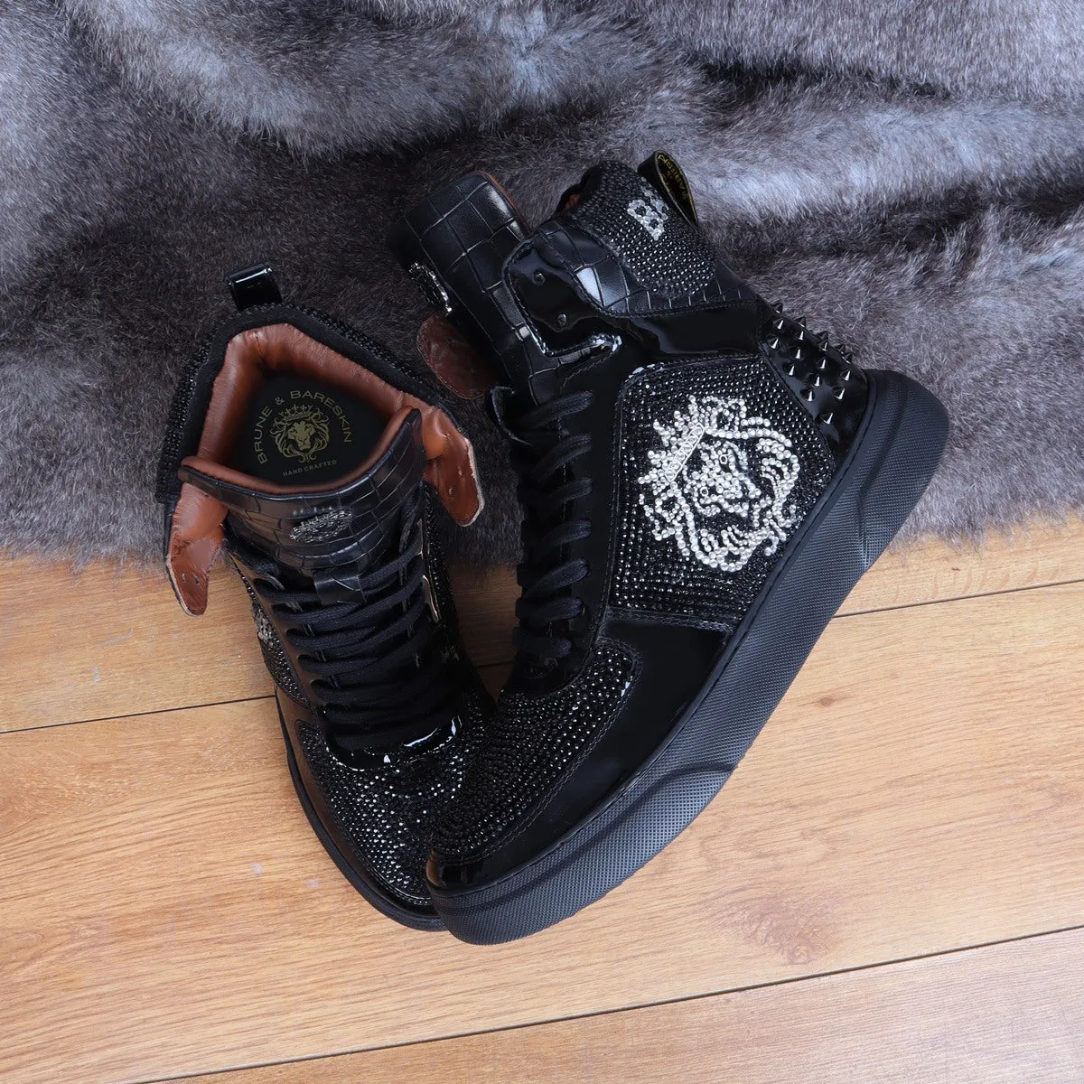 Studded Patent Leather Sneakers Black and Silver 'BARESKIN' Lion Face Swarovski Crystal Zardosi