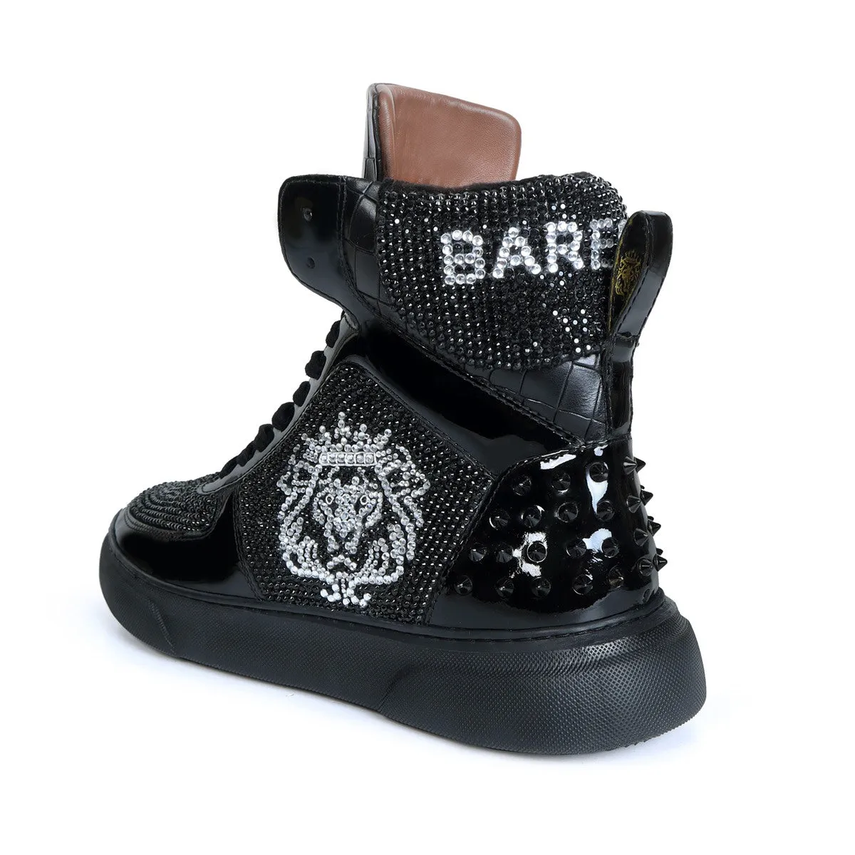 Studded Patent Leather Sneakers Black and Silver 'BARESKIN' Lion Face Swarovski Crystal Zardosi