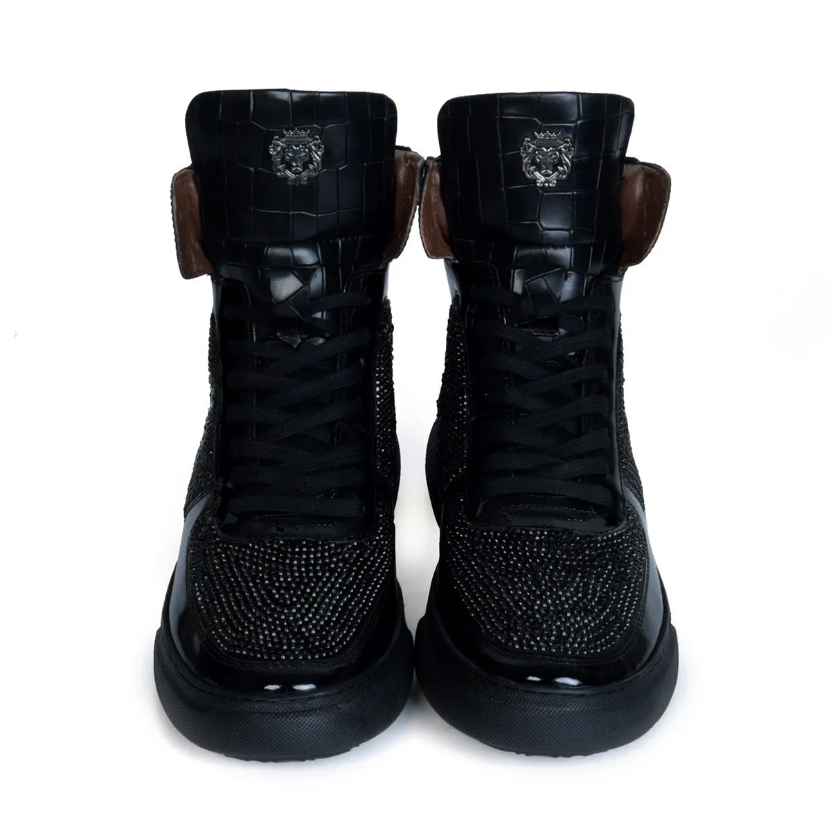 Studded Patent Leather Sneakers Black and Silver 'BARESKIN' Lion Face Swarovski Crystal Zardosi
