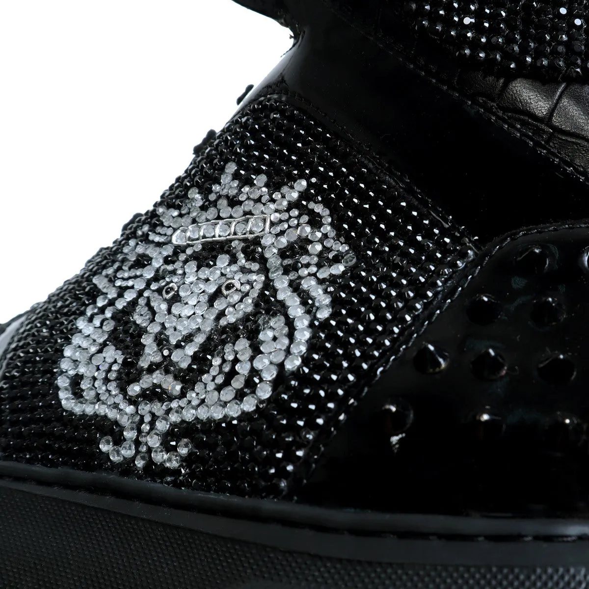 Studded Patent Leather Sneakers Black and Silver 'BARESKIN' Lion Face Swarovski Crystal Zardosi