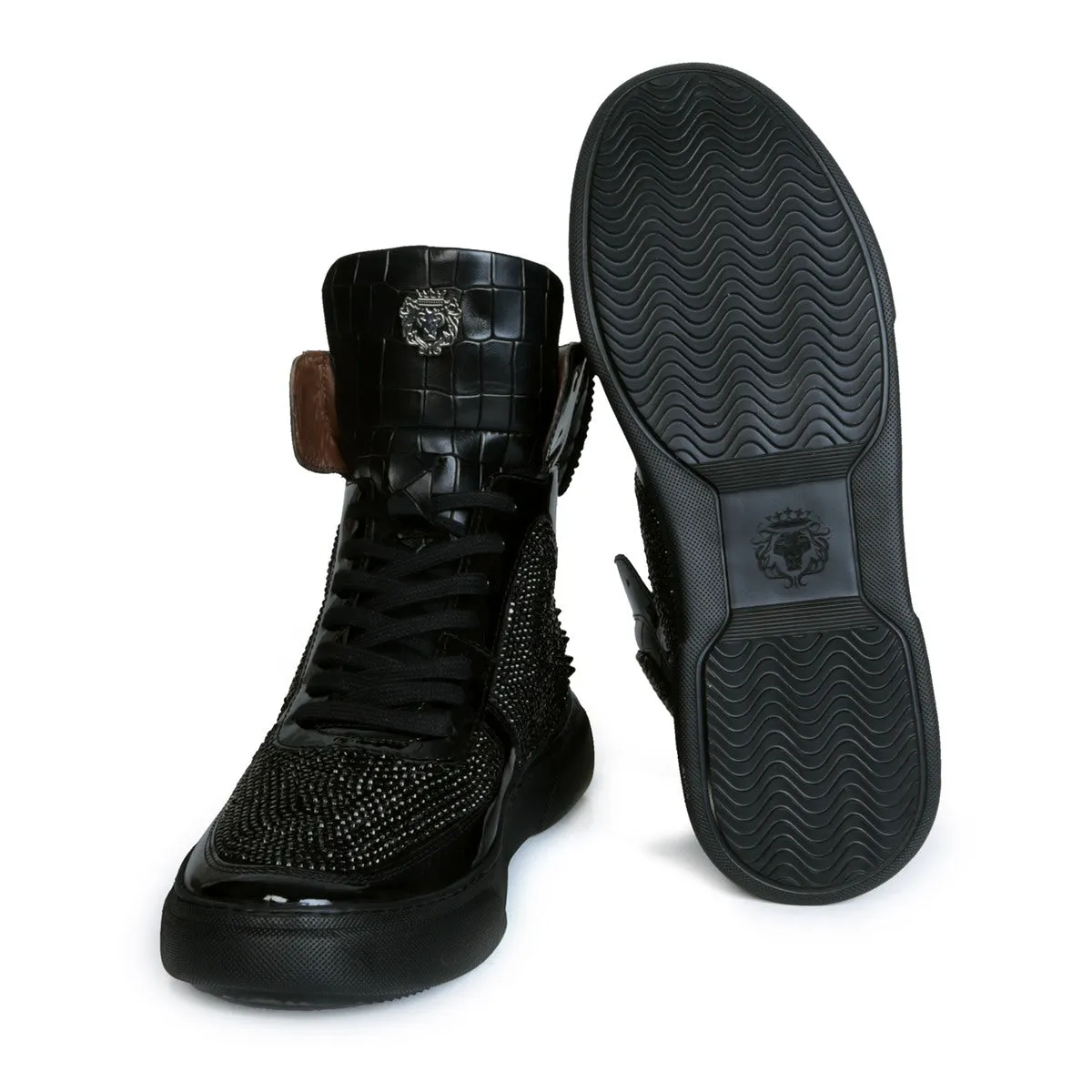 Studded Patent Leather Sneakers Black and Silver 'BARESKIN' Lion Face Swarovski Crystal Zardosi