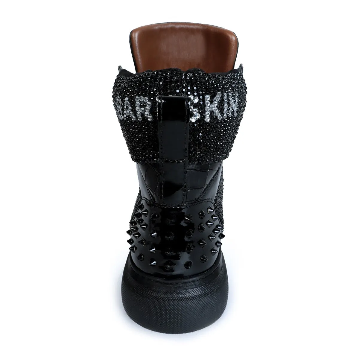 Studded Patent Leather Sneakers Black and Silver 'BARESKIN' Lion Face Swarovski Crystal Zardosi