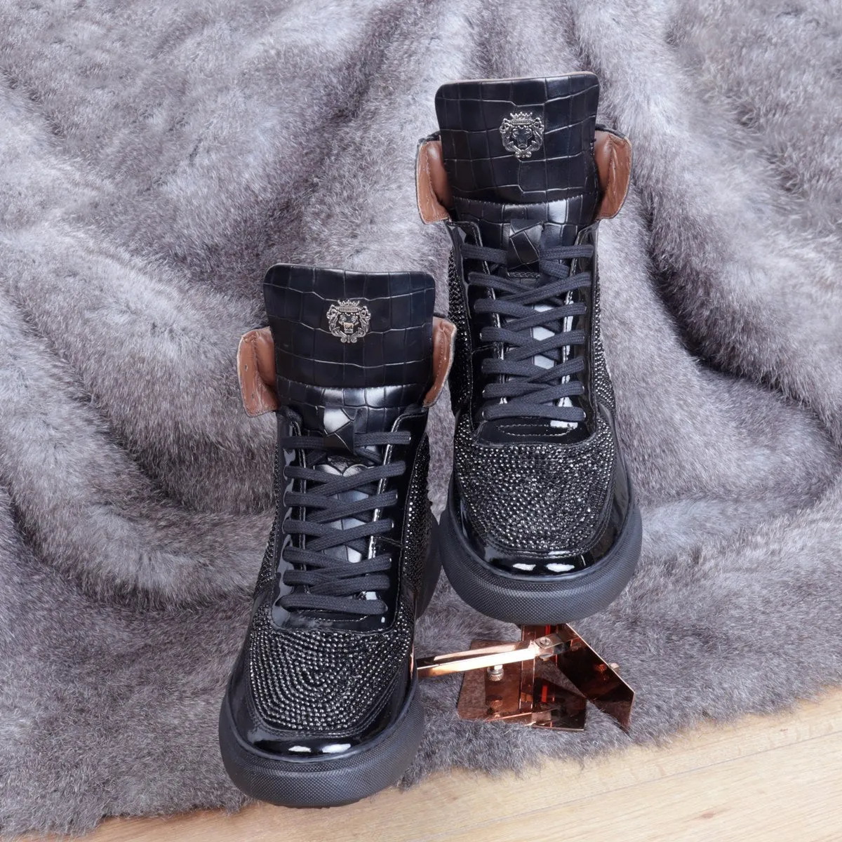 Studded Patent Leather Sneakers with Black and Silver 'BARESKIN' Skull Face Swarovski Crystal Zardosi by Brune & Bareskin