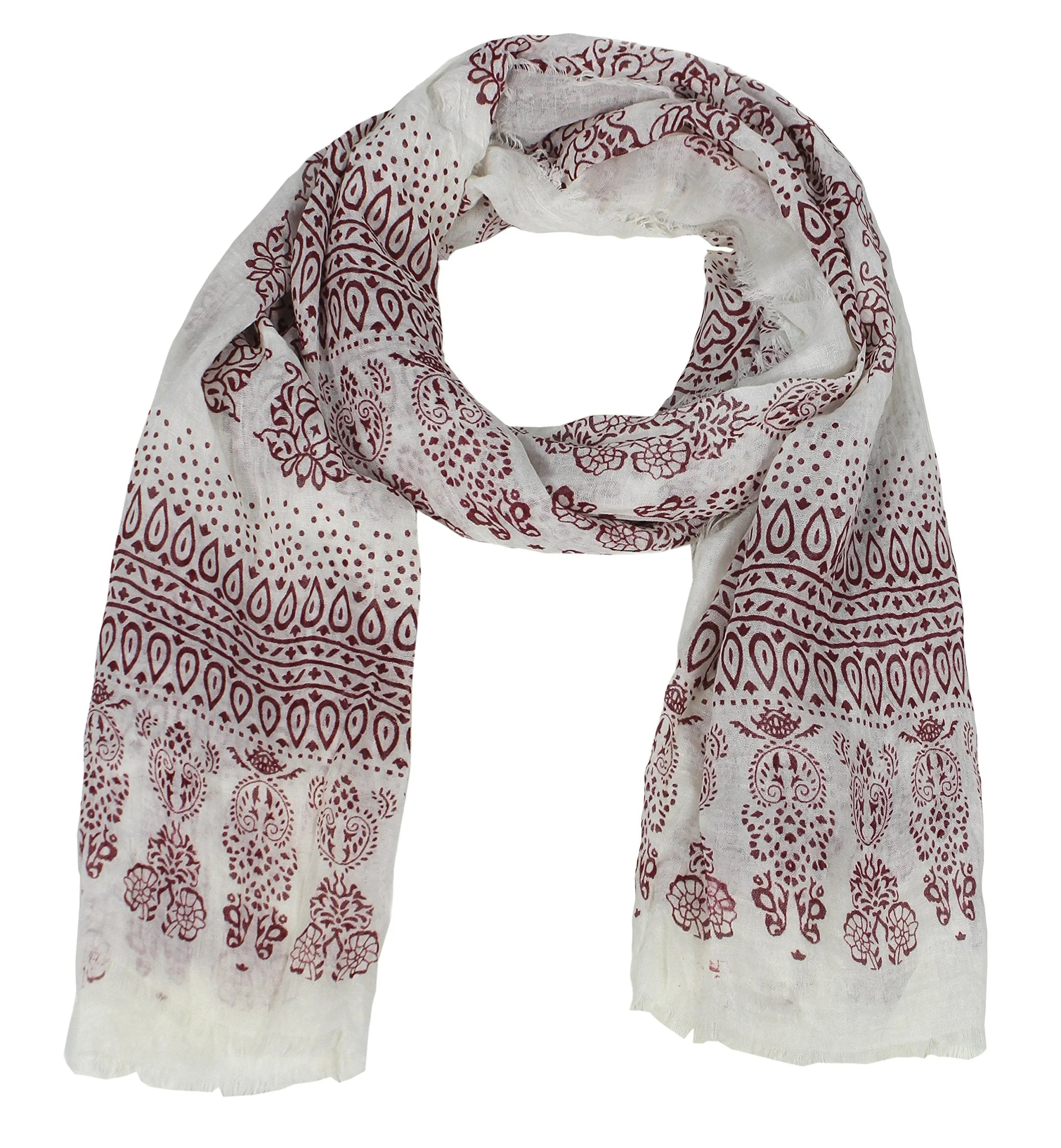 Wine Classic Lightweight Heavenly Henna Paisley Printed Eyelash Fringe Scarf