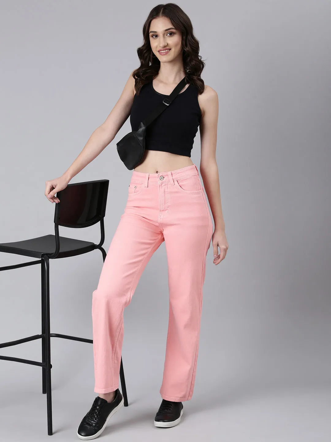 Women Peach Solid Straight Fit Denim Jeans