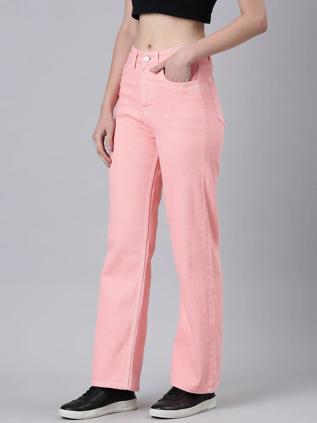 Women Peach Solid Straight Fit Denim Jeans