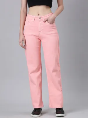 Women Peach Solid Straight Fit Denim Jeans